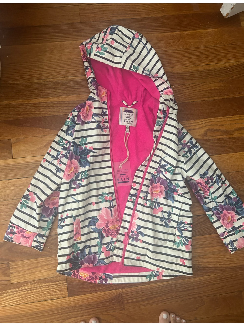 Joules Striped Floral Hooded Raincoat with Pink Lining